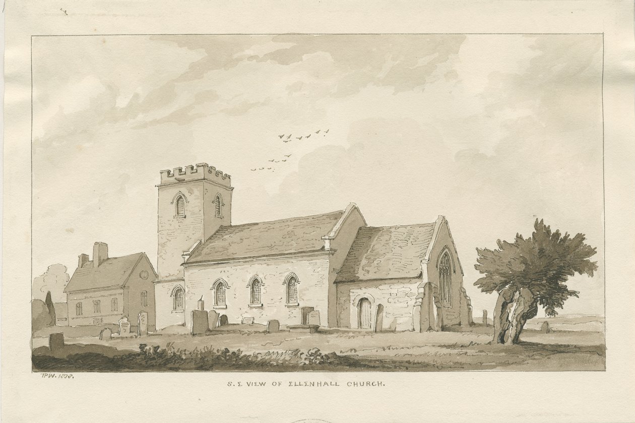 Ellenhall kirke: sepia-tegning av Thomas Peploe Wood