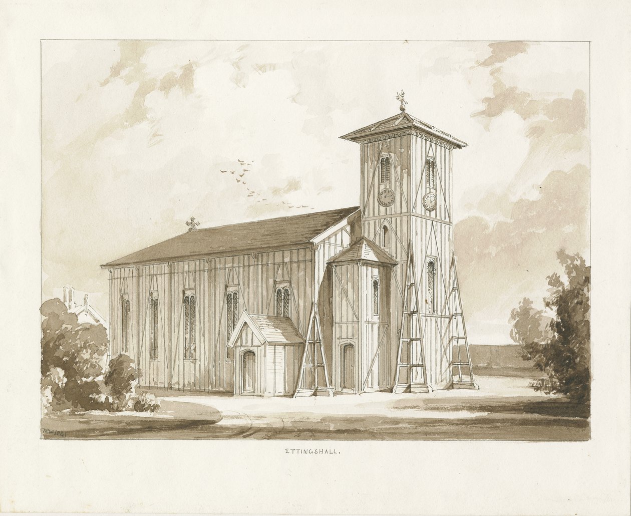 Ettingshall kirke: sepia vasketegning, 1841 av Thomas Peploe Wood