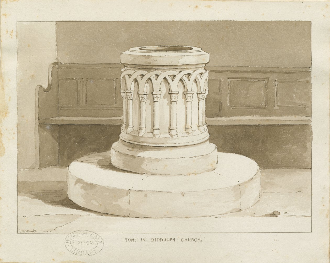Font ved Biddulph (nye) kirke: sepia-tegning av Thomas Peploe Wood