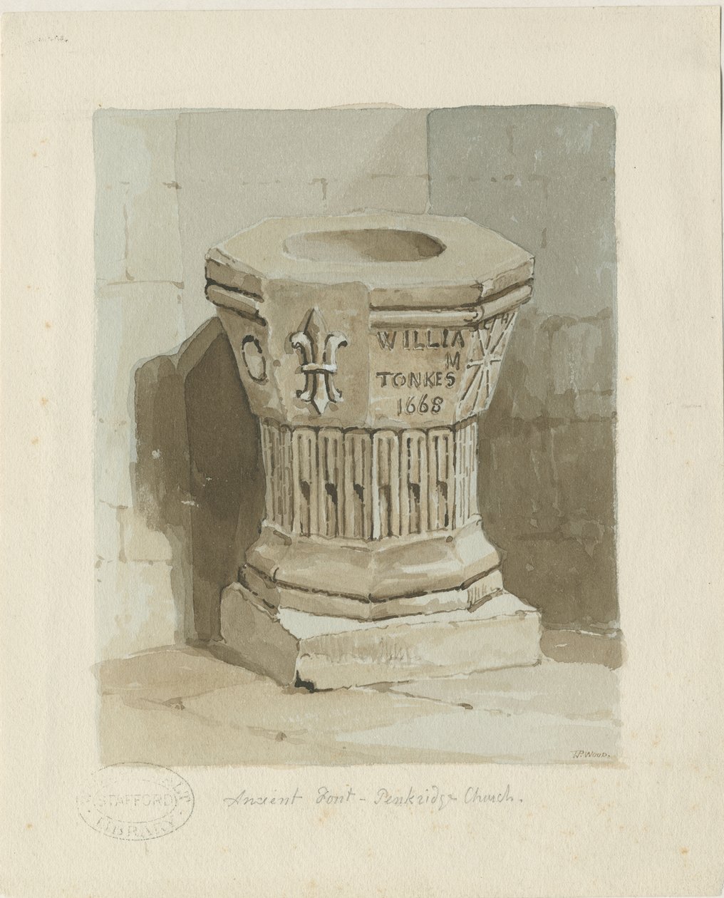 Font i Penkridge Church: akvarellmaleri, ndc 1836] (maleri) av Thomas Peploe Wood