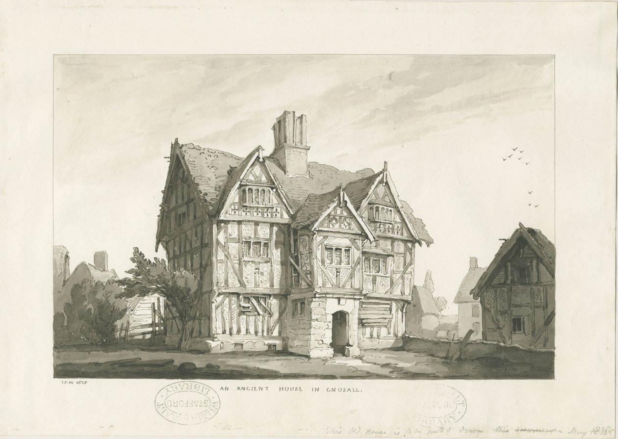 Gnosall Village - Ancient House: vasketegning av Thomas Peploe Wood