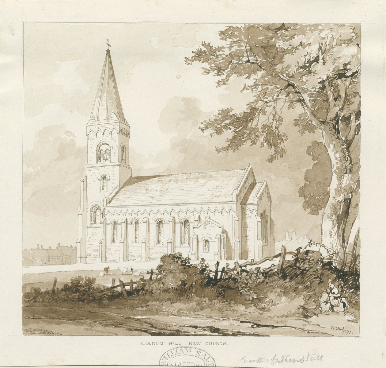 Golden Hill Church: sepia vask tegning av Thomas Peploe Wood