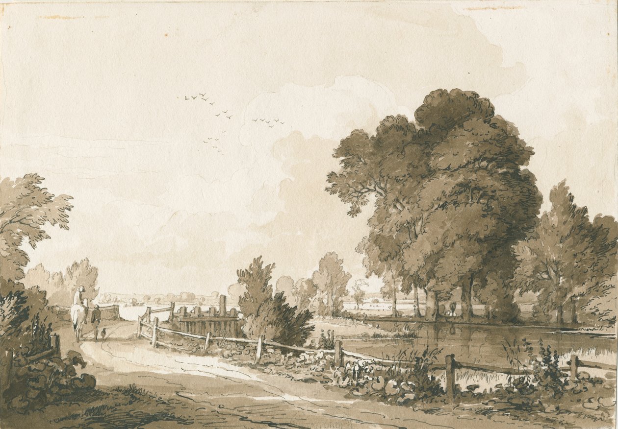 Great Haywood - Floodgates on the River Trent: penn- og sepia-tegning, 17. juli 1838 av Thomas Peploe Wood