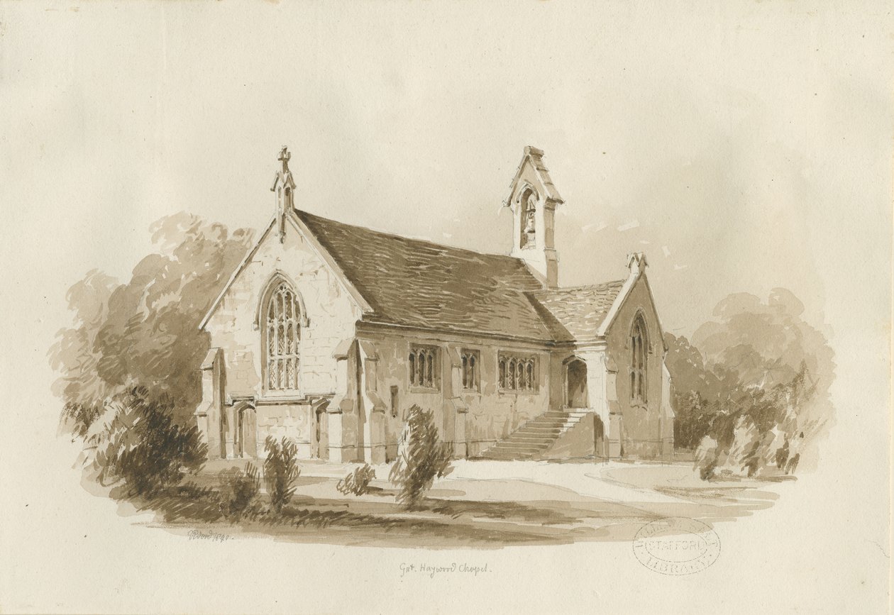 Great Haywood Chapel: sepia vask tegning, 1840 av Thomas Peploe Wood