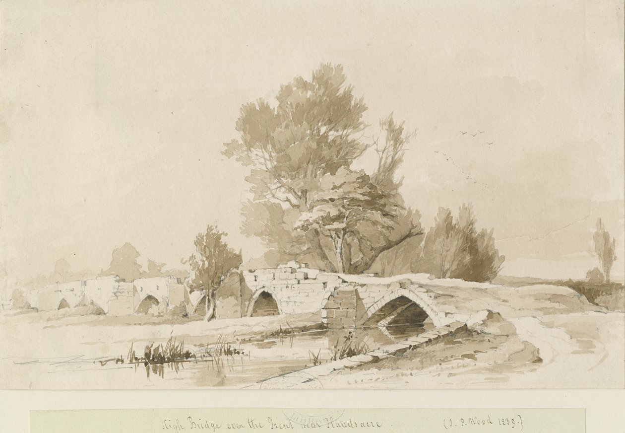 Handsacre - Old High Bridge: sepia-tegning, 1839 av Thomas Peploe Wood