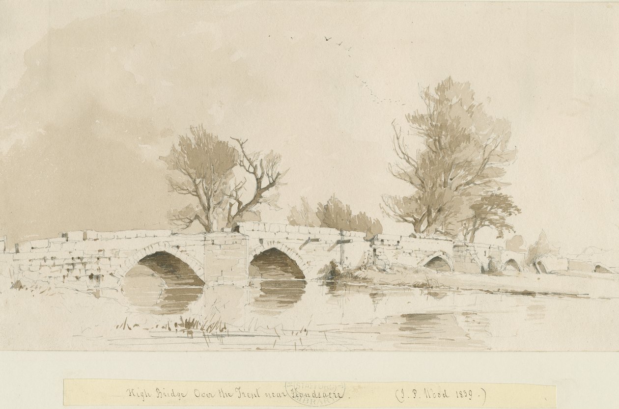 Handsacre - Old High Bridge: sepia vask tegning av Thomas Peploe Wood