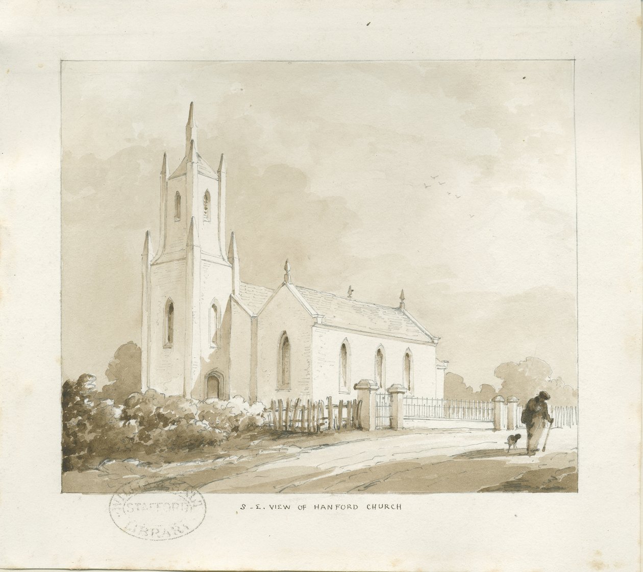 Hanford Church: blyant- og vasketegning, nd [?1838] (tegning) av Thomas Peploe Wood
