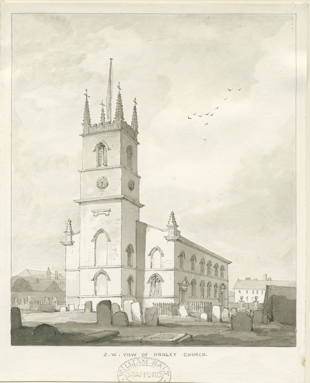 Hanley Church: sepia-tegning, nd [?1838] (tegning) av Thomas Peploe Wood