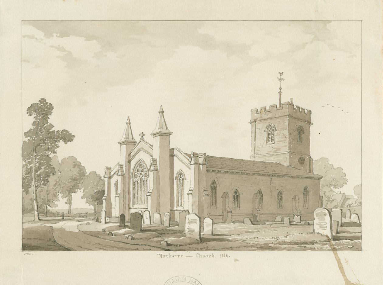 Harborne Church: sepia vask tegning av Thomas Peploe Wood