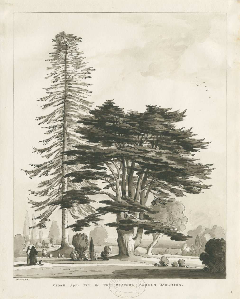 Haughton Rectory: sepia vask tegning av Thomas Peploe Wood