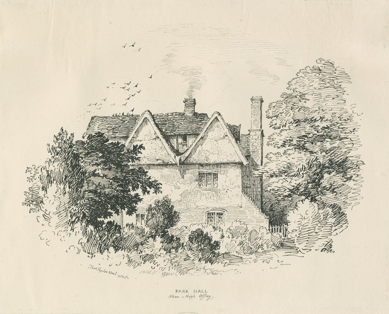High Offley - Park Hall: penn- og blekktegning (vignettert) av Thomas Peploe Wood