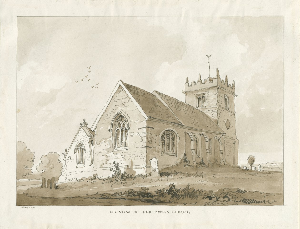 High Offley Church: sepia-tegning av Thomas Peploe Wood