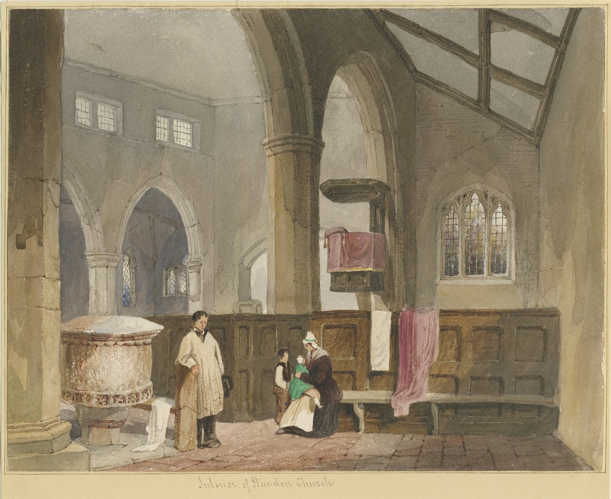 Interiør i Standon Church: akvarellmaleri, og [?midten av 1800-tallet] av Thomas Peploe Wood
