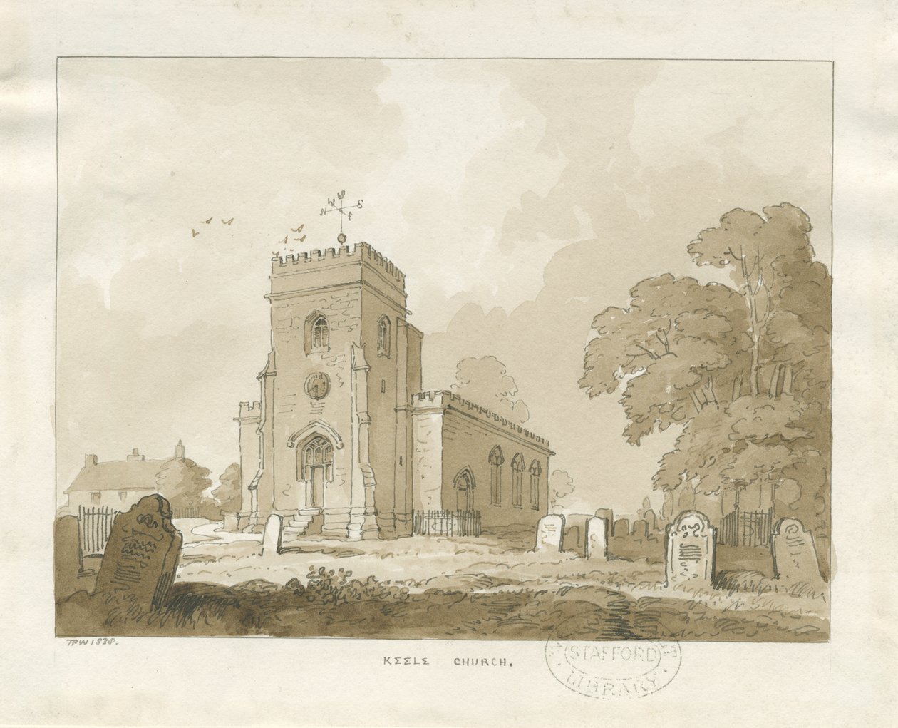 Keele kirke: sepia-tegning av Thomas Peploe Wood