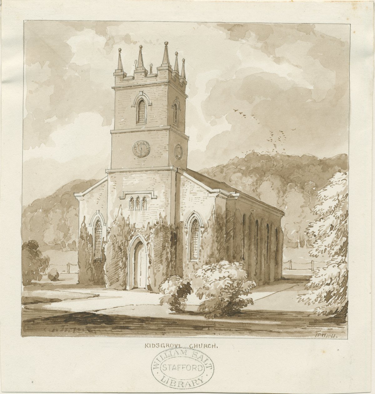 Kidsgrove Church: sepia-tegning av Thomas Peploe Wood