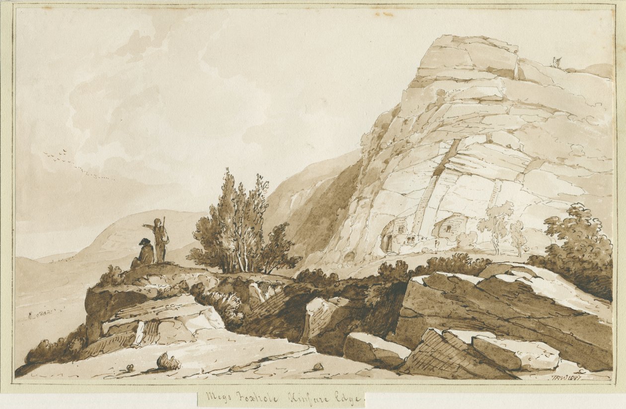 Kinver Edge - "Megs Foxhole": sepia-tegning, 1837 av Thomas Peploe Wood