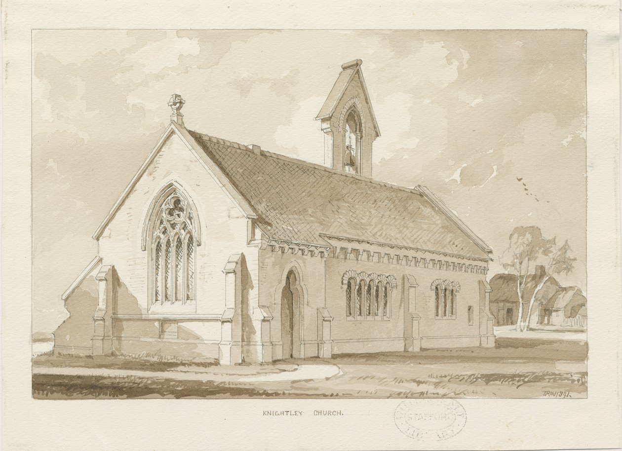 Knightley Chapel: sepia vasketegning, 1841 av Thomas Peploe Wood