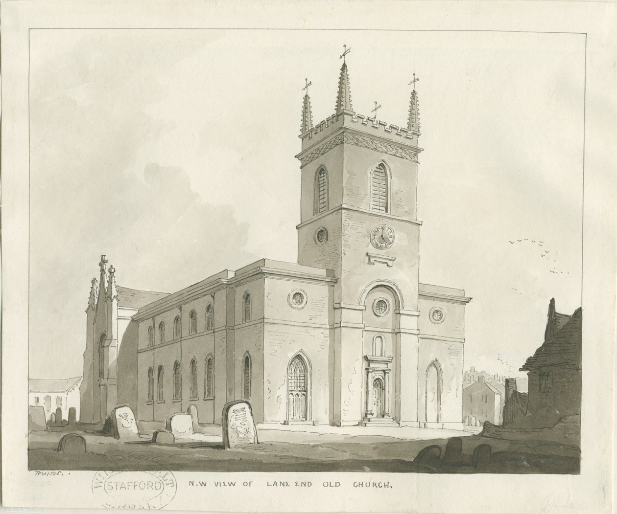 Lane End Church (Longton): sepia-tegning av Thomas Peploe Wood