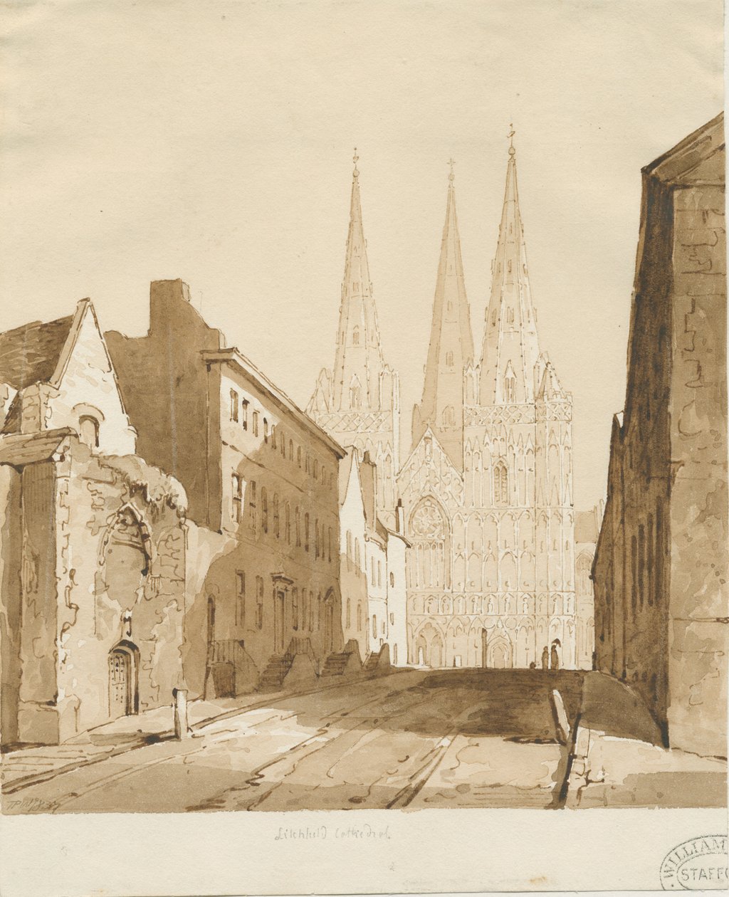 Lichfield Cathedral: rød-sepia-tegning av Thomas Peploe Wood