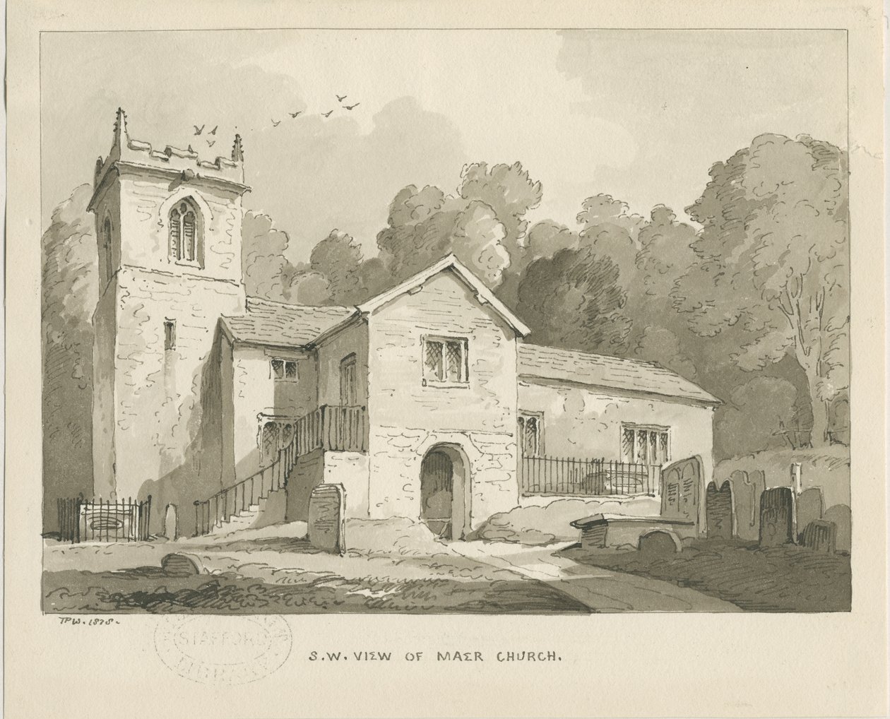 Maer kirke: sepia vasketegning, 1838 av Thomas Peploe Wood