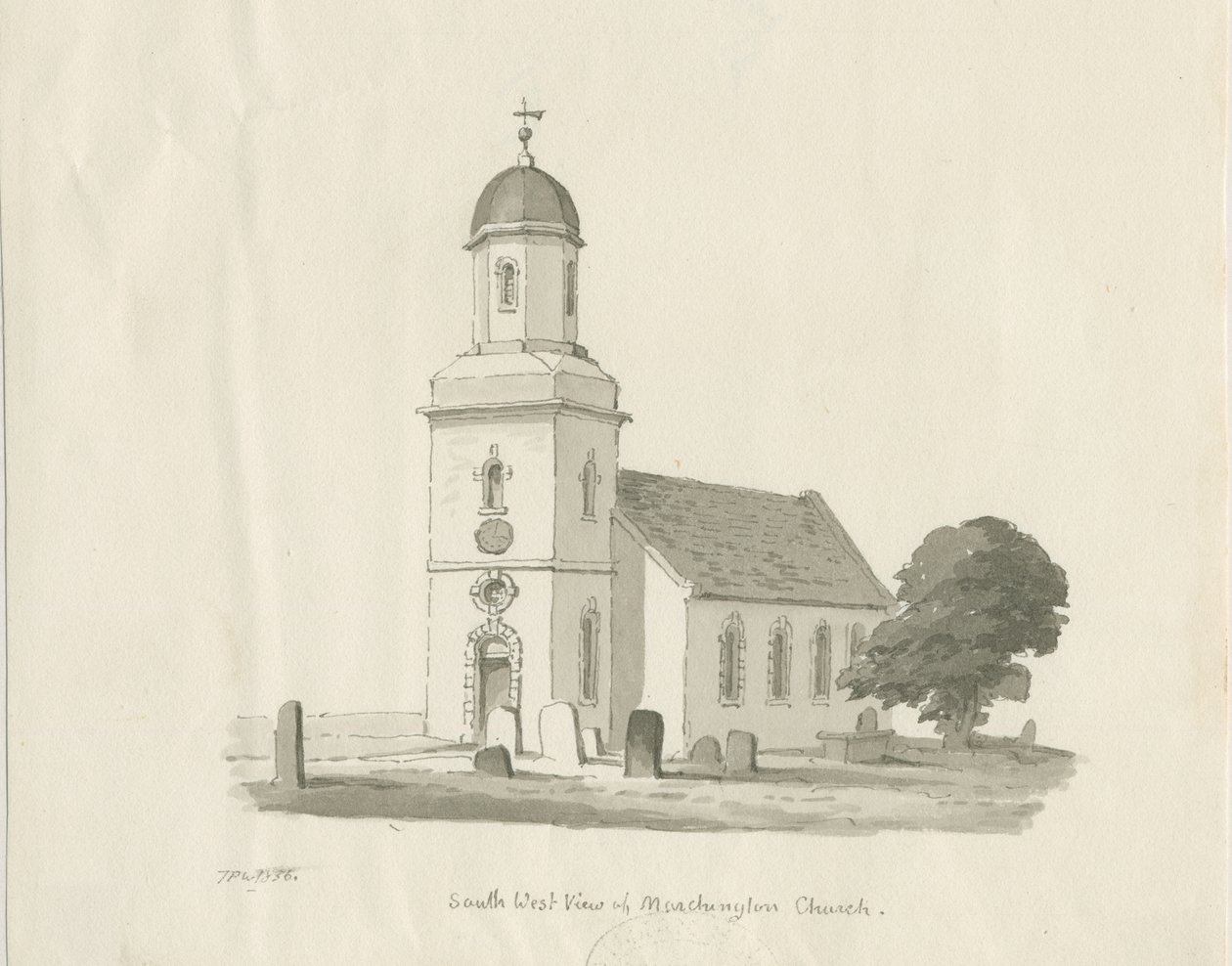 Marchington Church: sepia vasketegning, 1836 av Thomas Peploe Wood