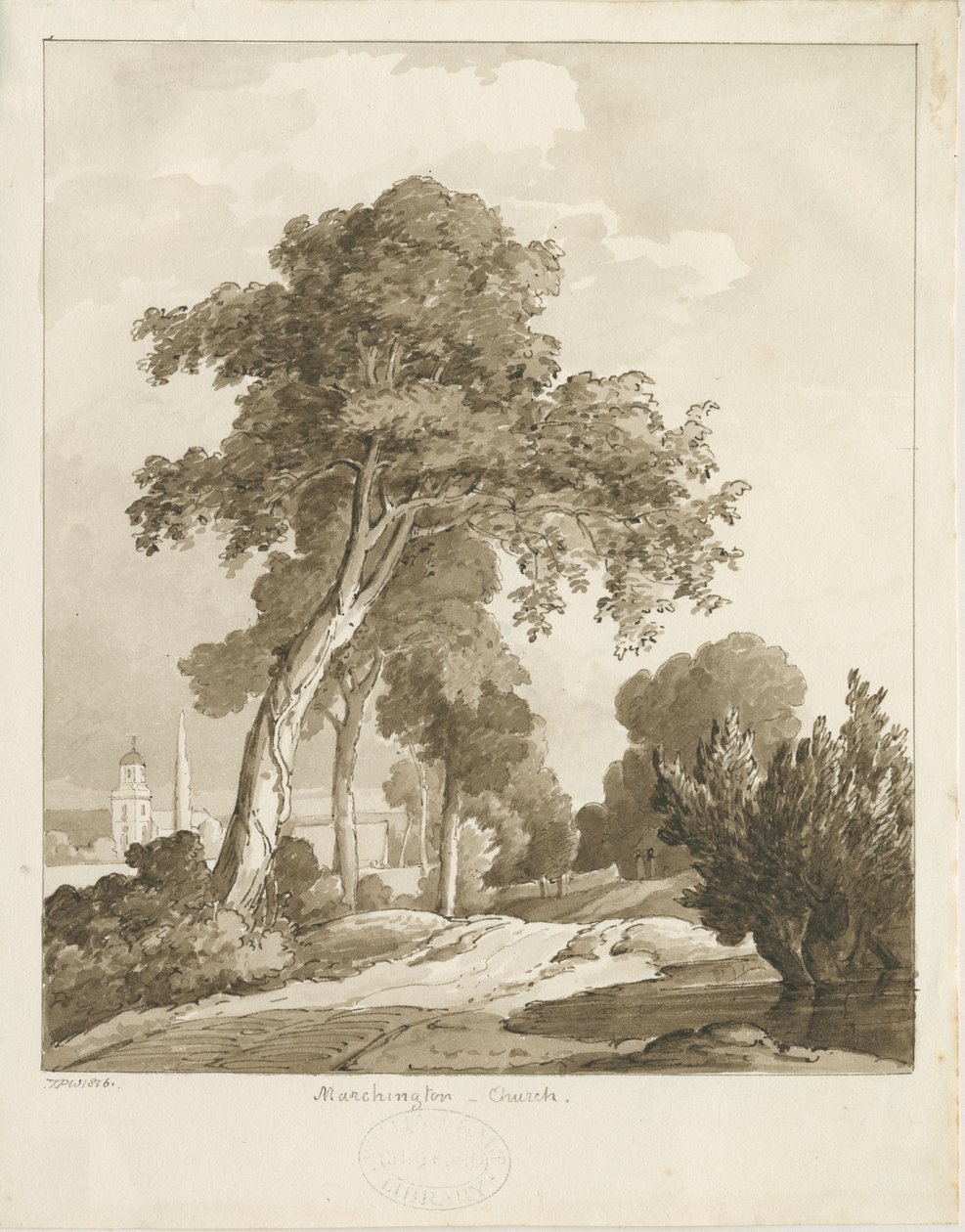Marchington Church: sepia vasketegning, 1836 av Thomas Peploe Wood