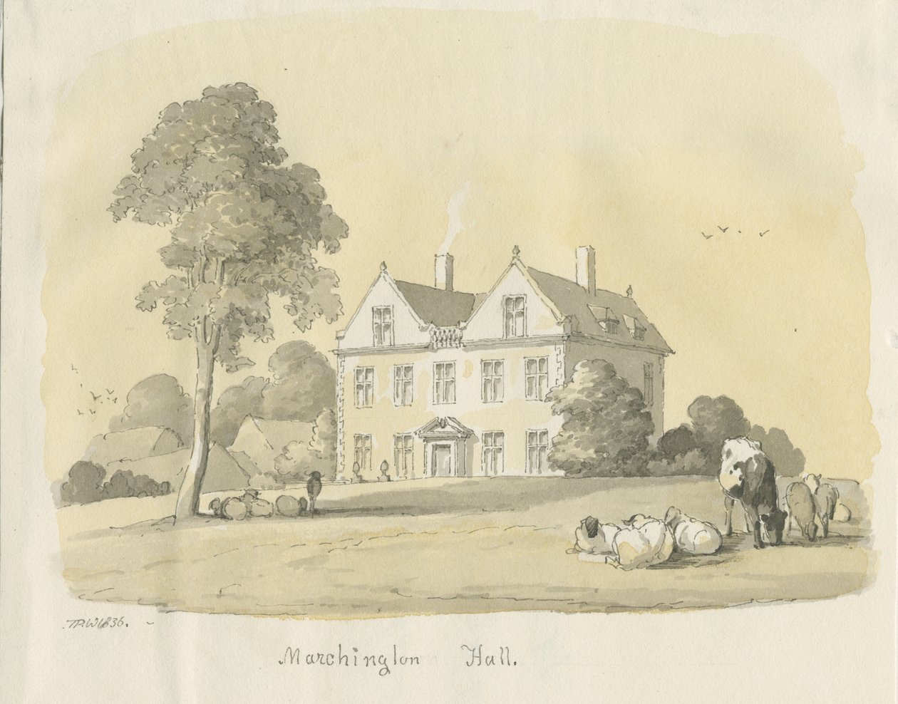 Marchington Hall: vannfarge og blekkmaleri, 1836 av Thomas Peploe Wood
