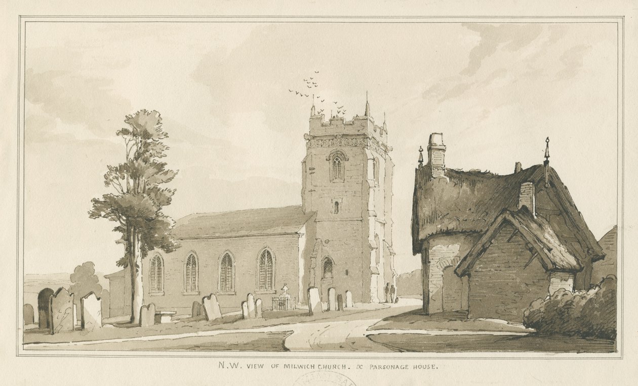 Milwich Church and Parsonage House: penn- og vasketegning, nd [?1838] (tegning) av Thomas Peploe Wood