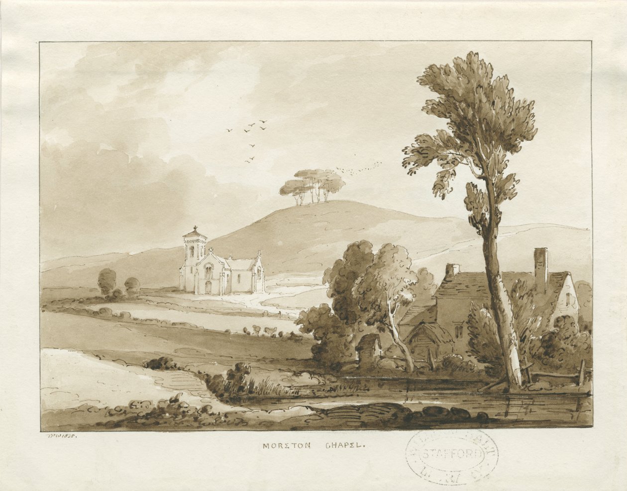 Moreton Chapel: sepia vask tegning, 1838 av Thomas Peploe Wood