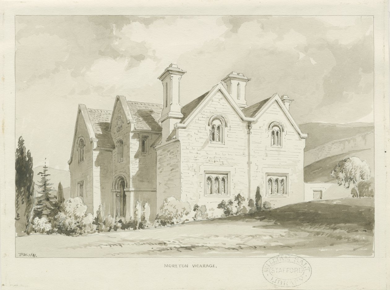 Moreton Vicarage: sepia vasketegning, 1841 av Thomas Peploe Wood