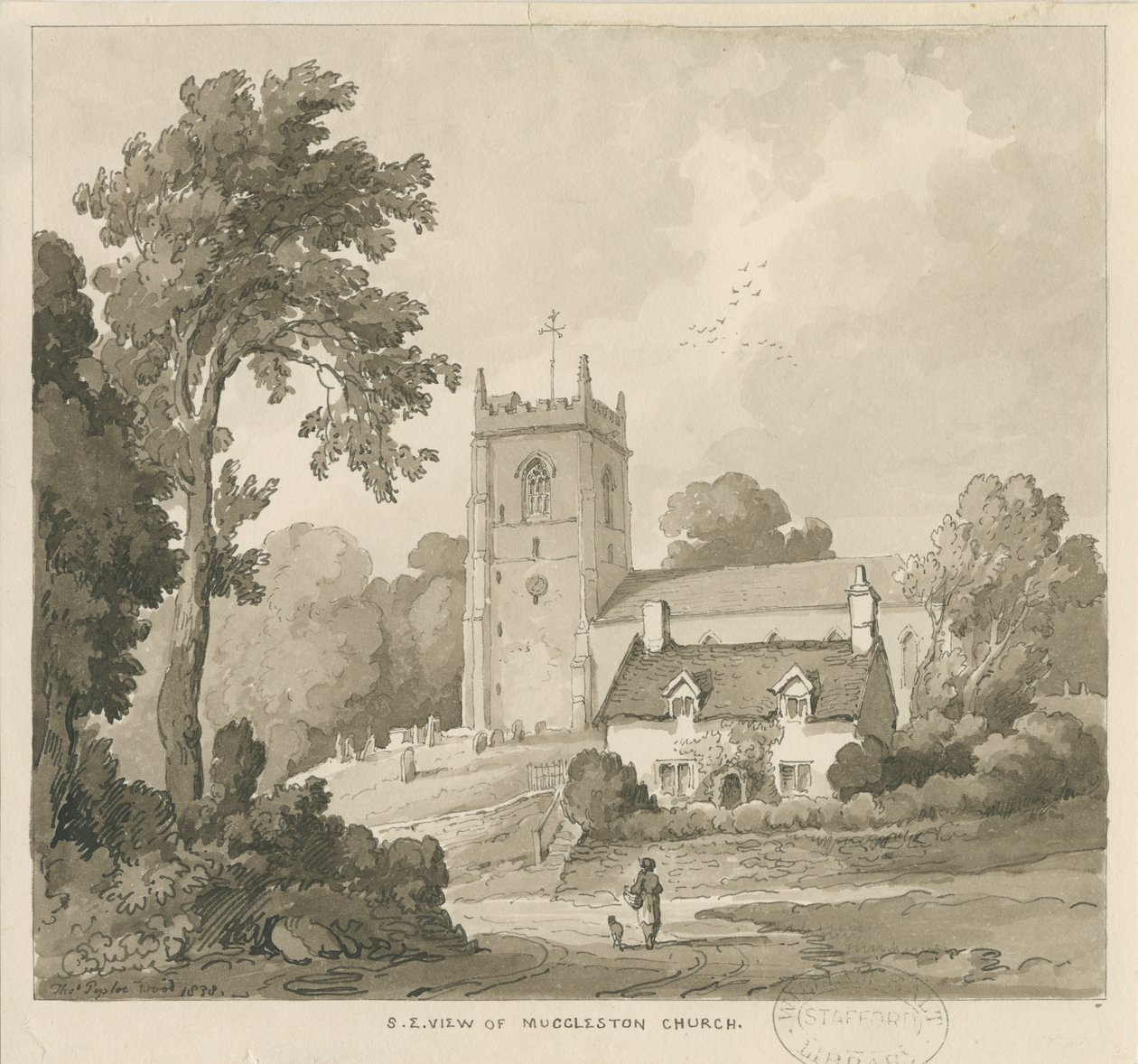 Mucklestone Church: sepia vask tegning av Thomas Peploe Wood