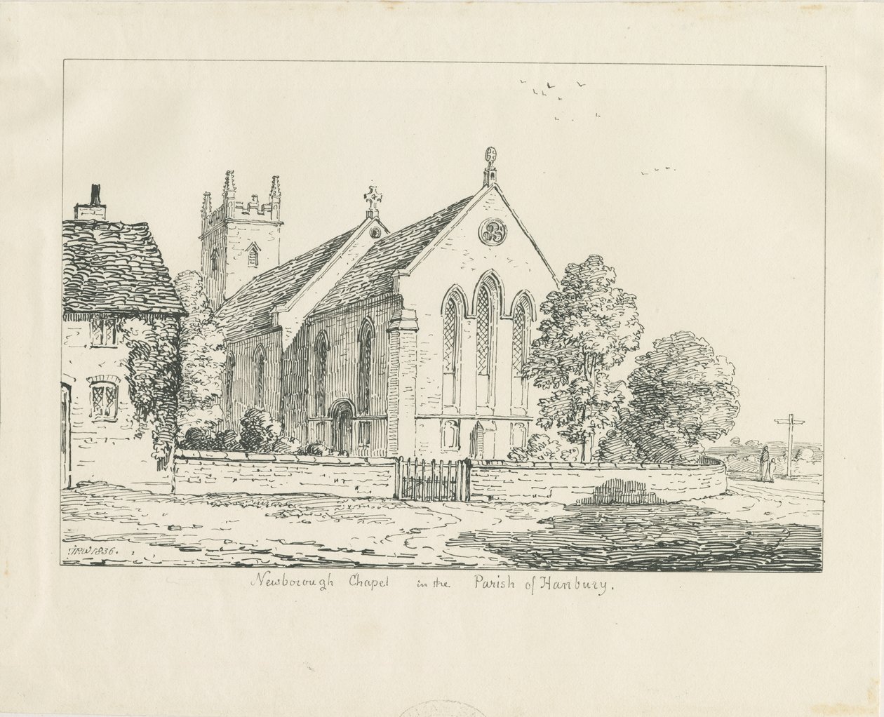 Newborough Church: penn- og blekktegning av Thomas Peploe Wood