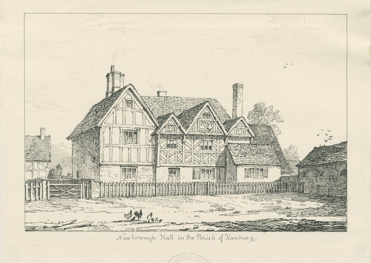 Newborough Hall: pennetegning, 1836 av Thomas Peploe Wood