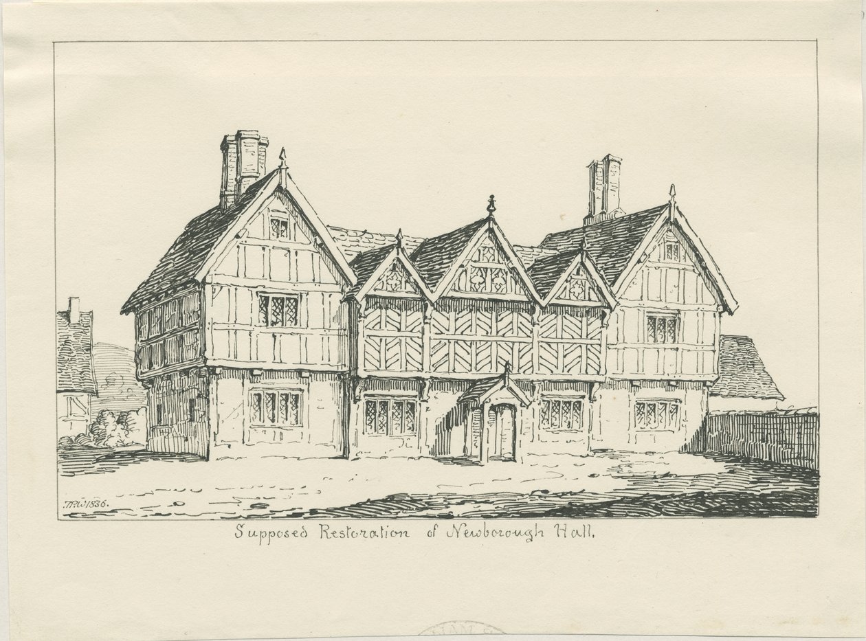 Newborough Hall: pennetegning, 1836 av Thomas Peploe Wood