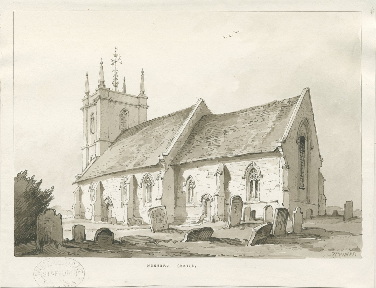 Norbury Church: sepia vask tegning av Thomas Peploe Wood