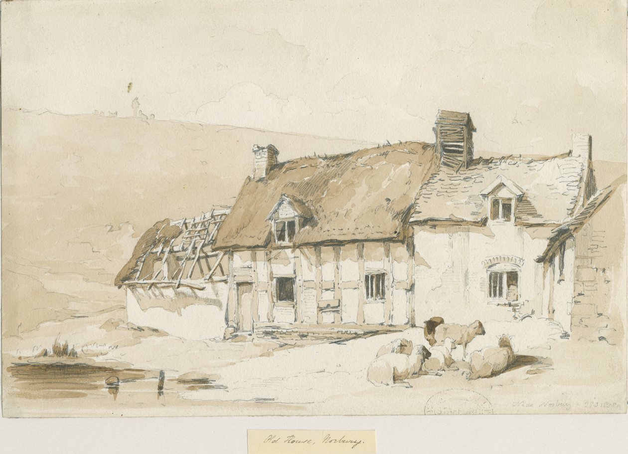 Norbury Village - Old Houses: sepia vask tegning av Thomas Peploe Wood