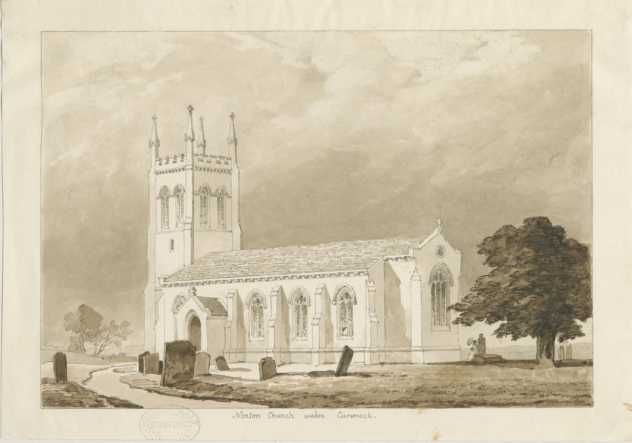 Norton Canes Church: sepia vask tegning av Thomas Peploe Wood