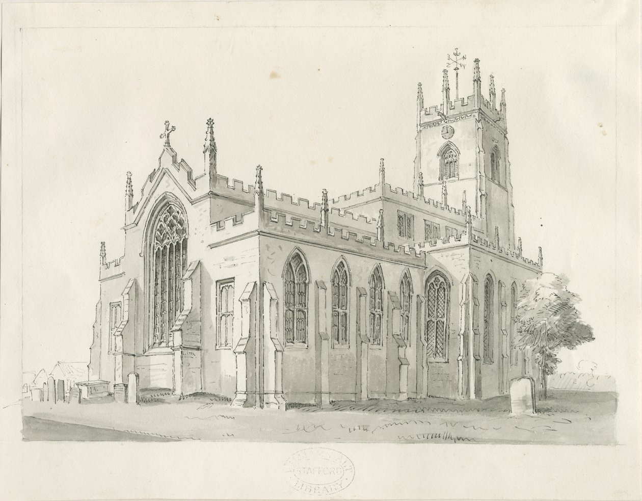 Penkridge Church: penn og vask tegning, nd [1836] (tegning) av Thomas Peploe Wood