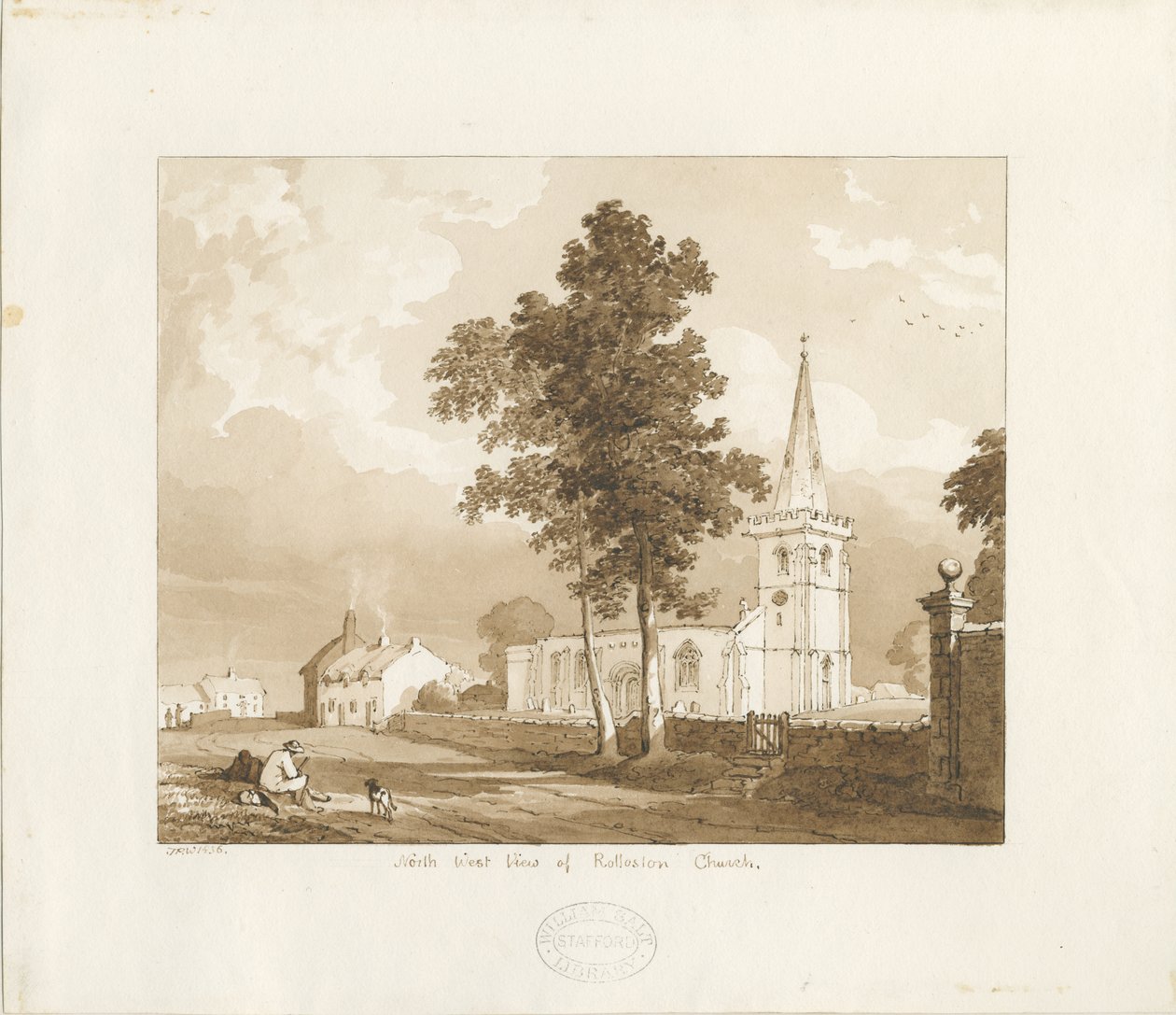 Rolleston Church: rød-sepia-tegning, 1836 av Thomas Peploe Wood