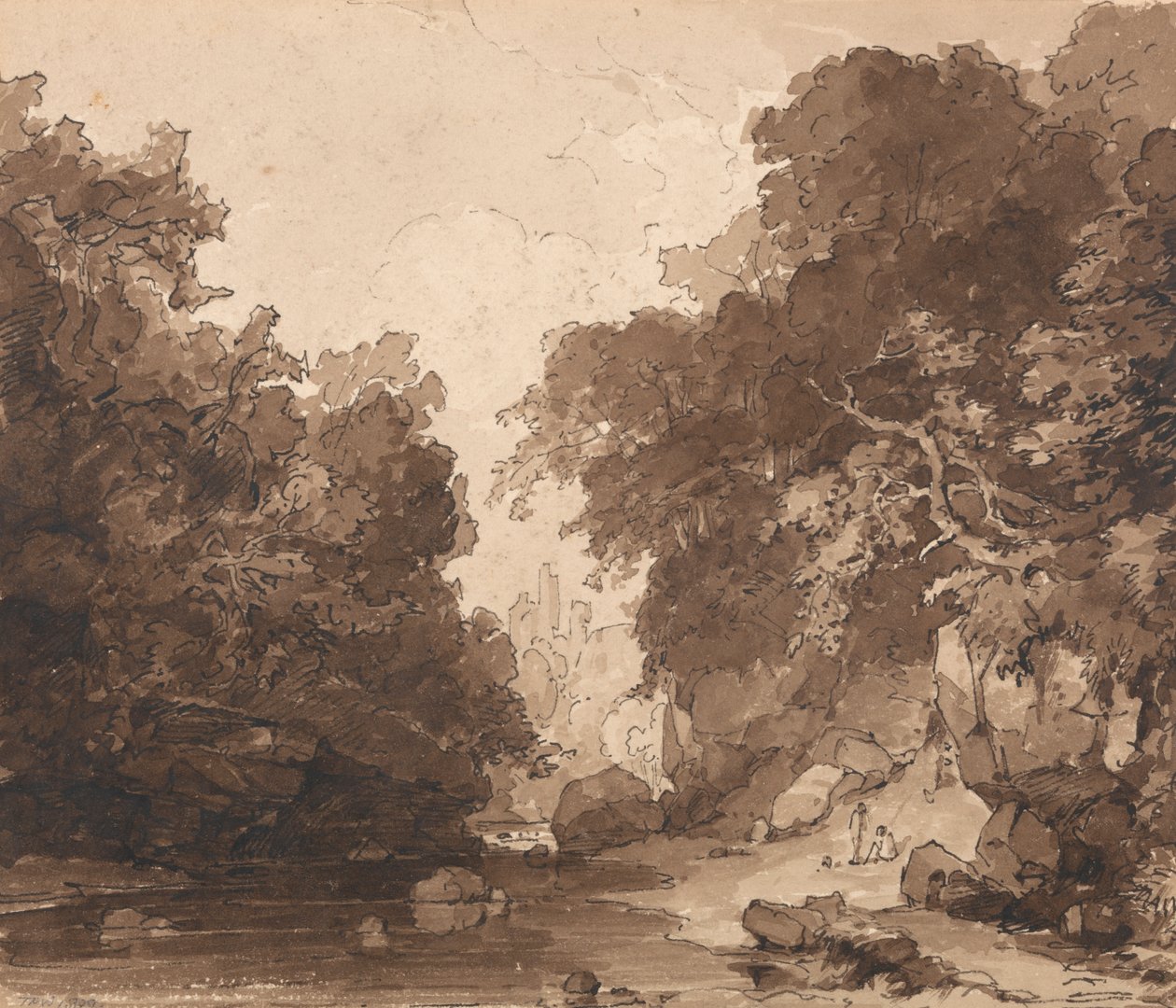 Roslyn Castle - et skogkledd elvelandskap av Thomas Peploe Wood