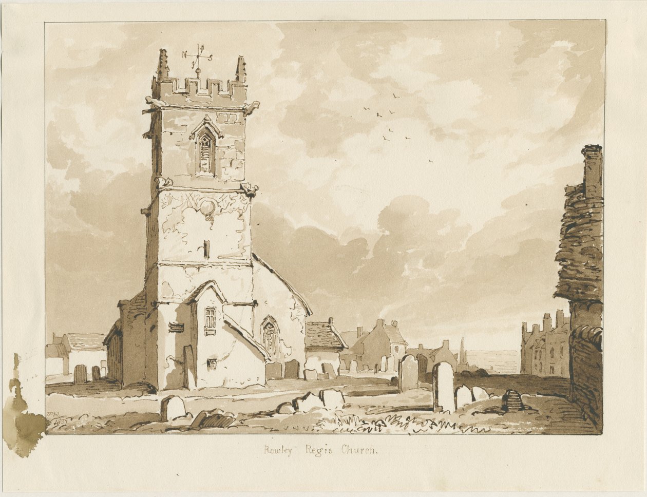 Rowley Regis Church: sepia-tegning, 1837 av Thomas Peploe Wood