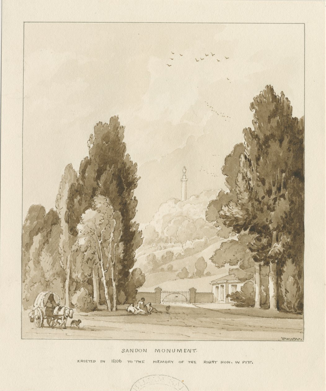 Sandon - Monument til William Pitt: sepia vasketegning, 1838 av Thomas Peploe Wood