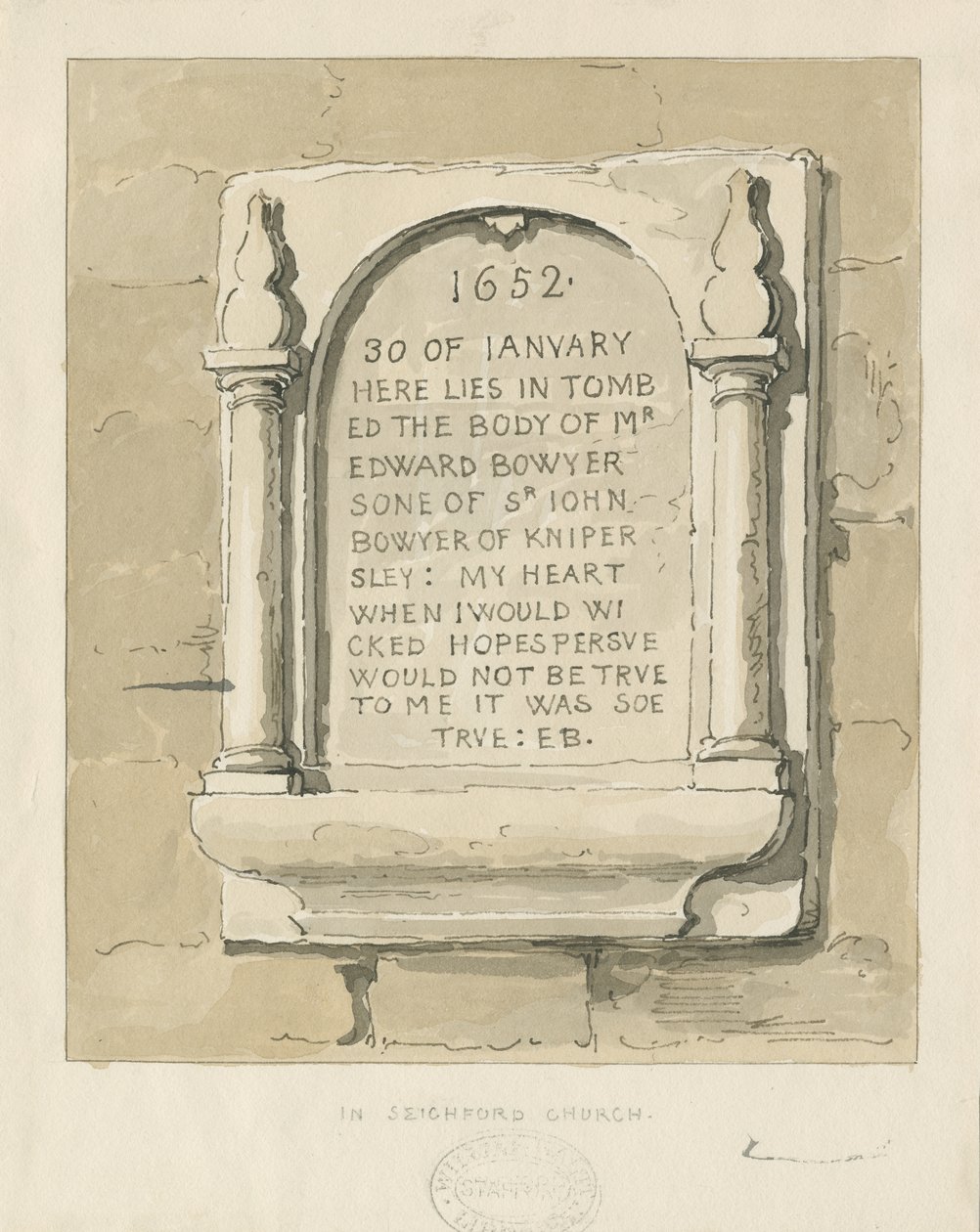Seighford Church - Steintavle til Edward Bowyer: sepia-tegning, nd [?1838] (tegning) av Thomas Peploe Wood