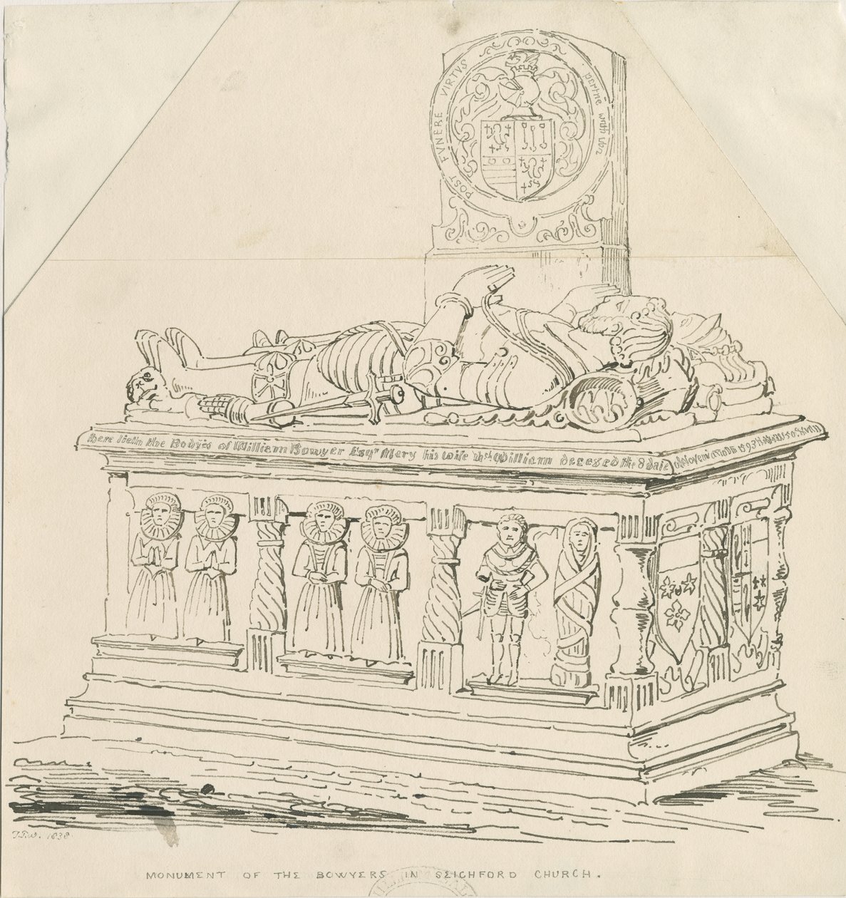 Seighford Church - Tomb of William and Mercy Bowyer: penn- og blekktegning av Thomas Peploe Wood