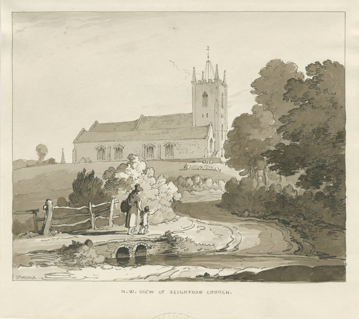 Seighford Church: sepia vask tegning av Thomas Peploe Wood