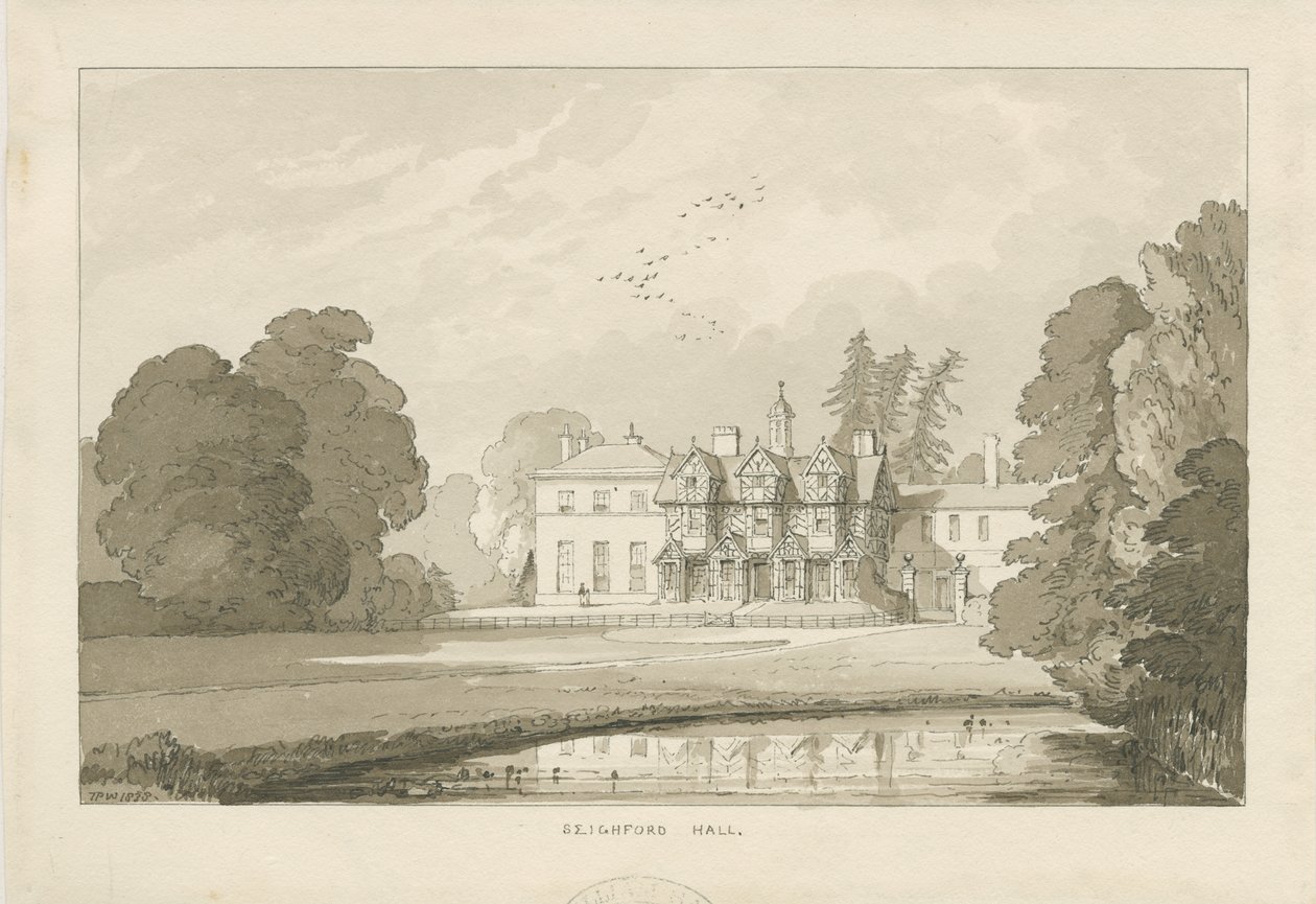 Seighford Hall: sepia vask tegning av Thomas Peploe Wood