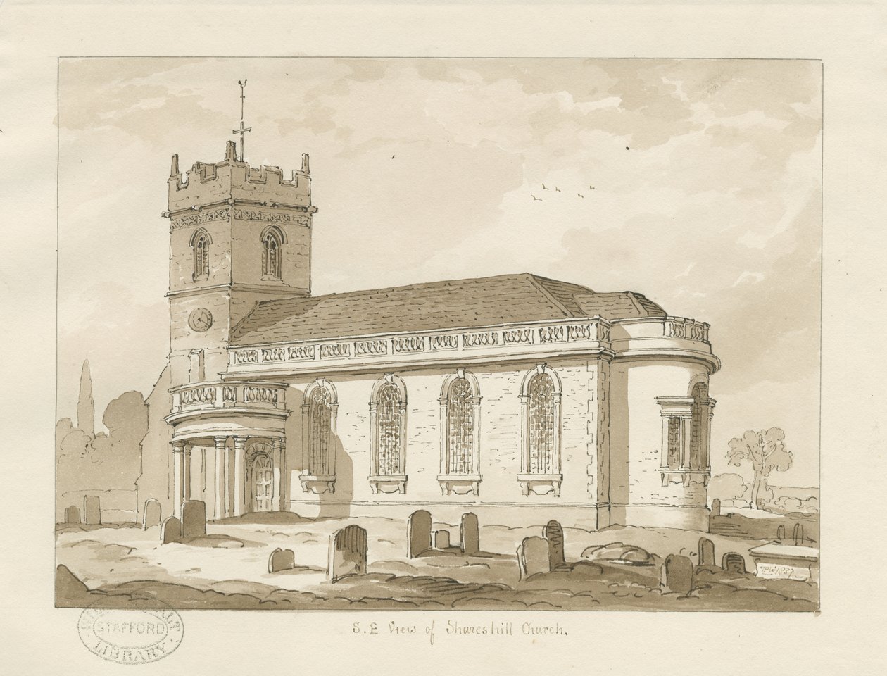 Shareshill Church: sepia-tegning, 1837 av Thomas Peploe Wood