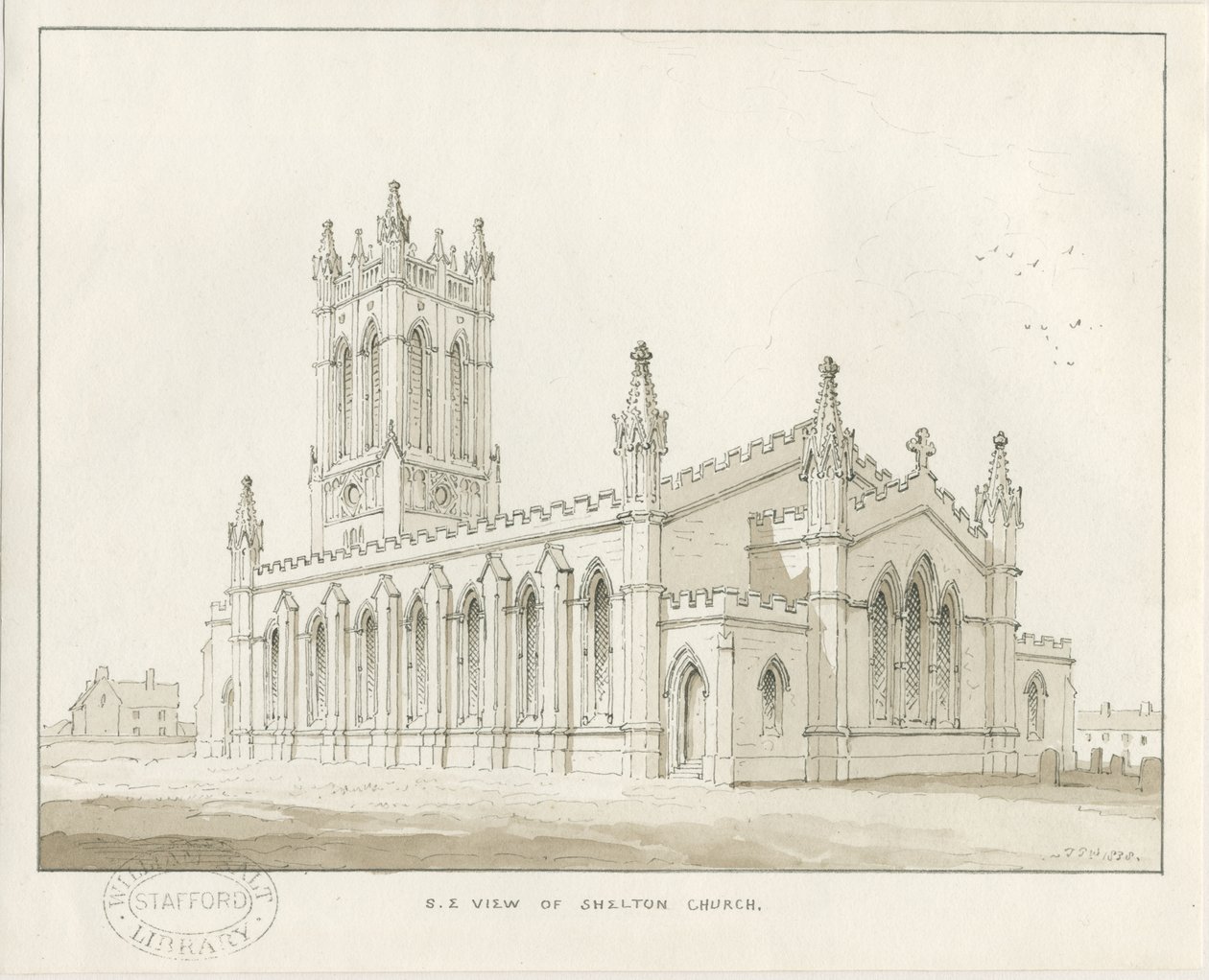Shelton Church: sepia vask tegning av Thomas Peploe Wood