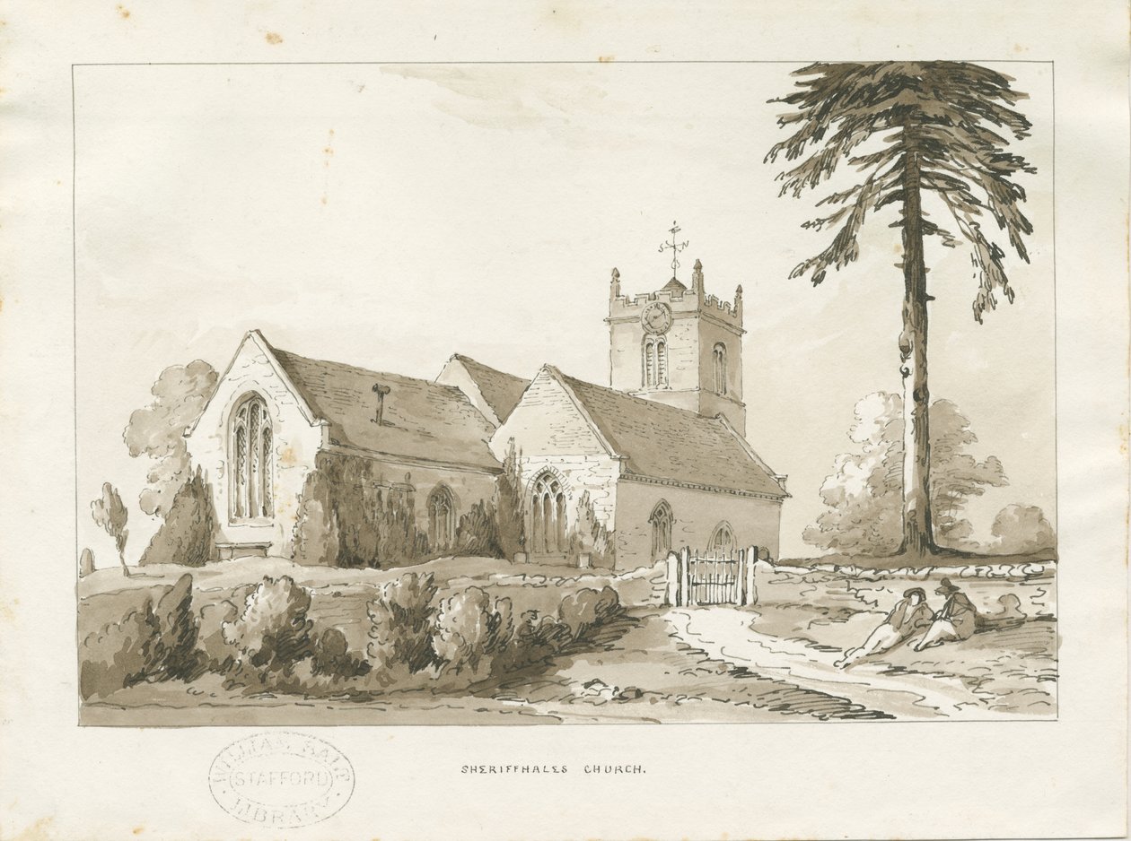 Sheriffhales kirke: sepia vasketegning, nd [?1838] (tegning) av Thomas Peploe Wood