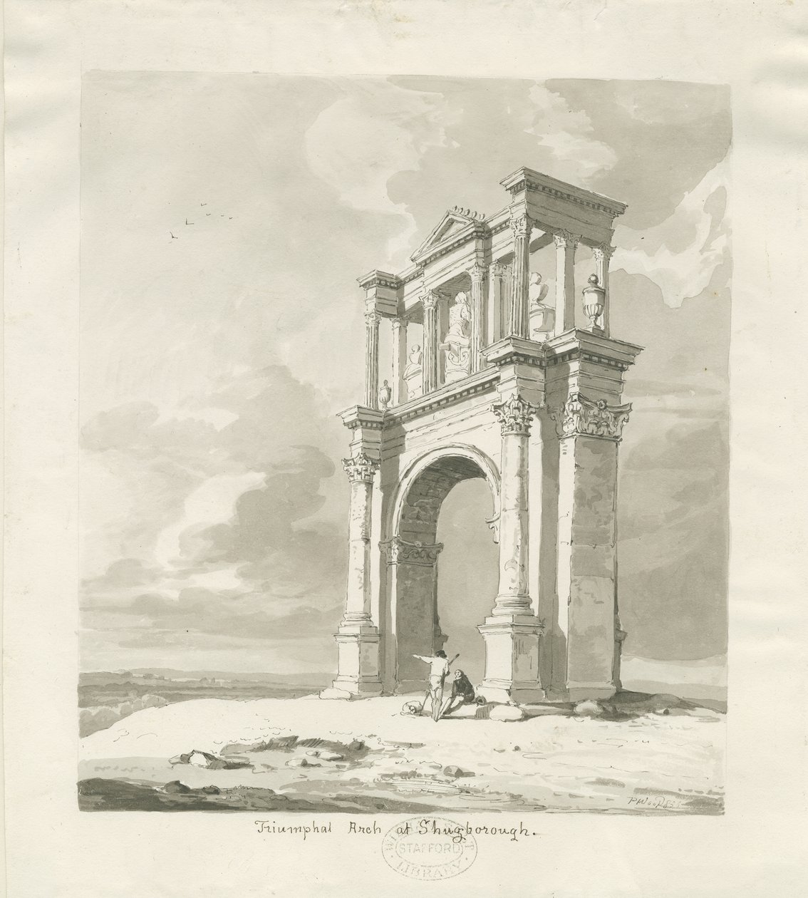 Shugborough - Triumfbue: sepia-tegning, 1836 av Thomas Peploe Wood